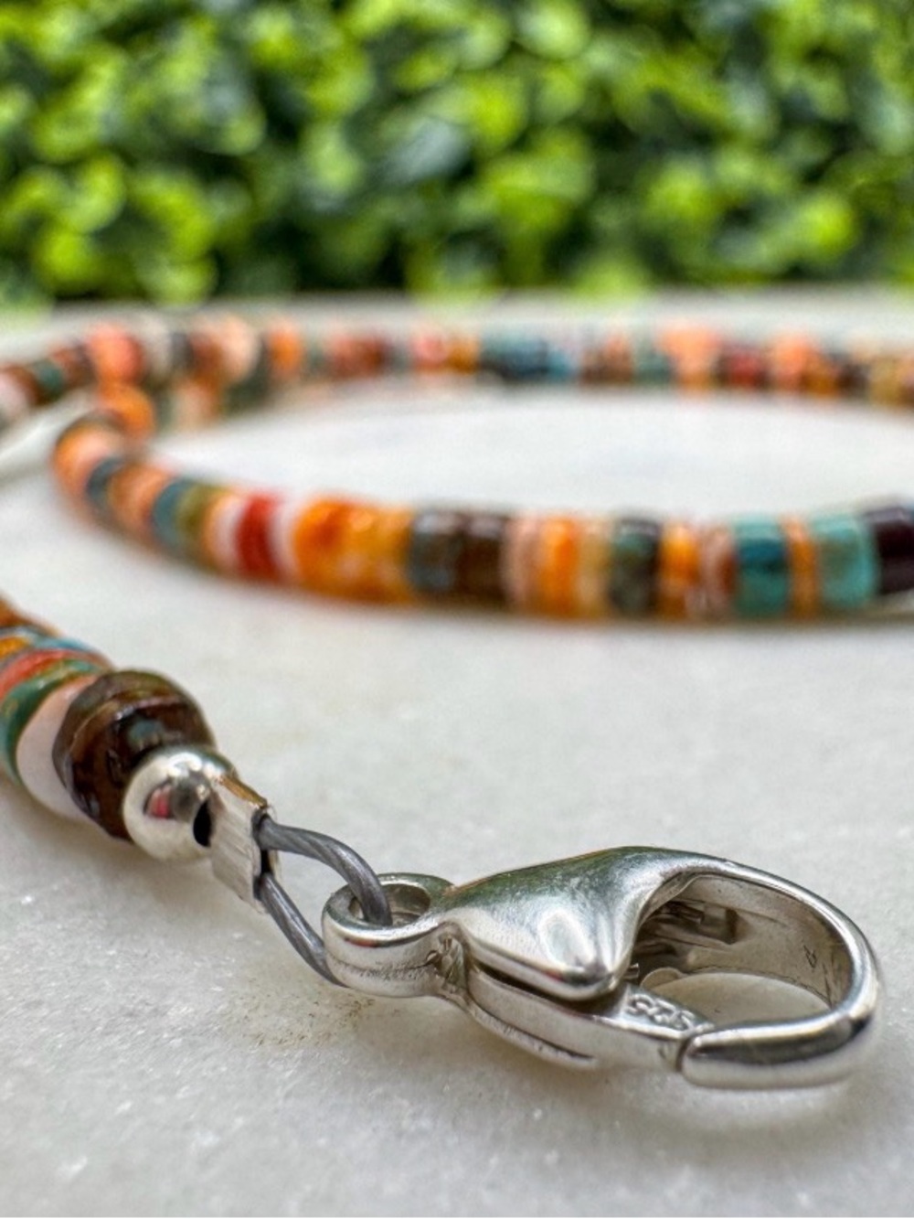 Native American Turquoise + Spiny Oyster Beaded Necklace, Sterling Silver  (T26) - Picture 3 of 4